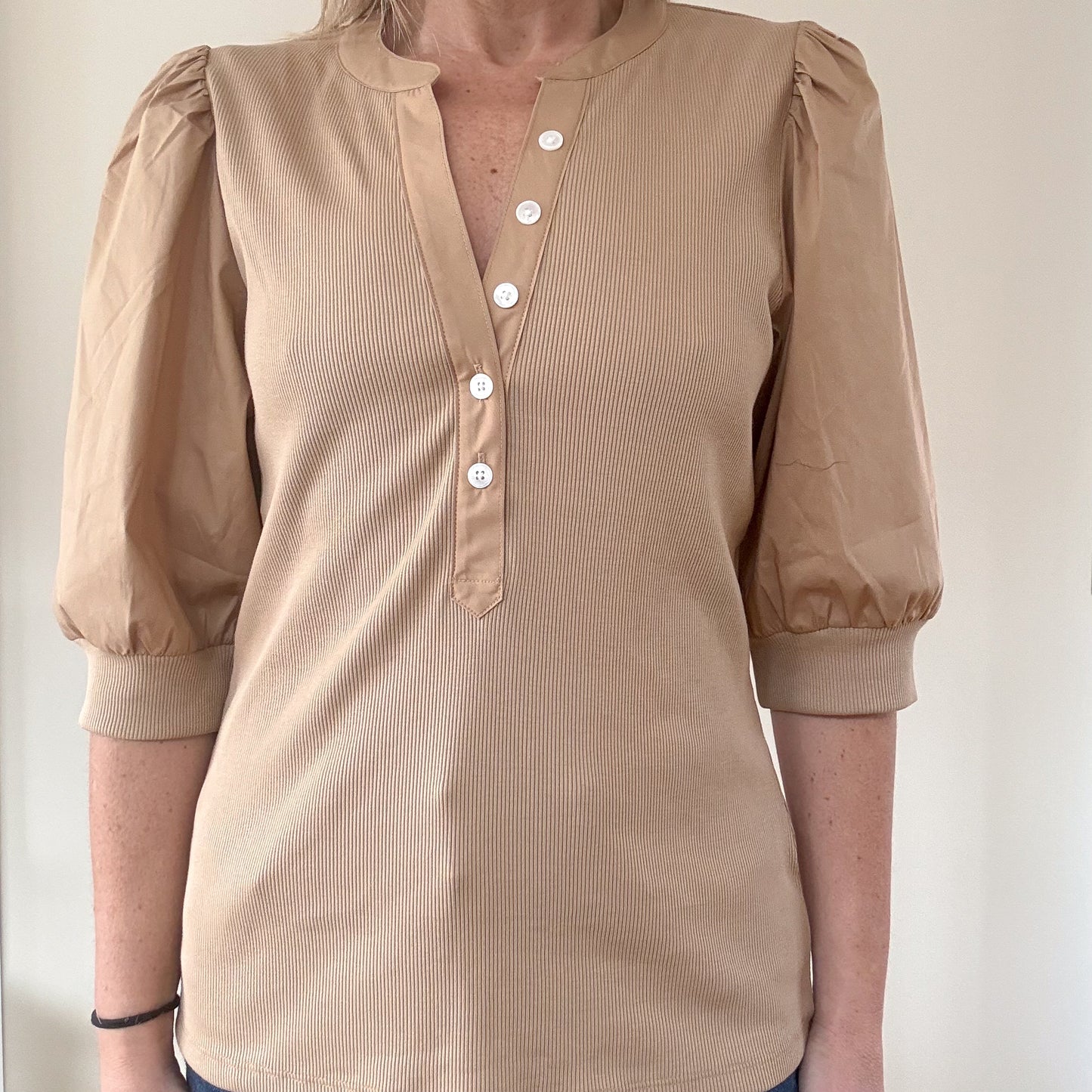 Veronica Beard Coralee Camel Ribbed Knit Top with Puff Sleeves - Size M