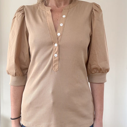 Veronica Beard Coralee Camel Ribbed Knit Top with Puff Sleeves - Size M
