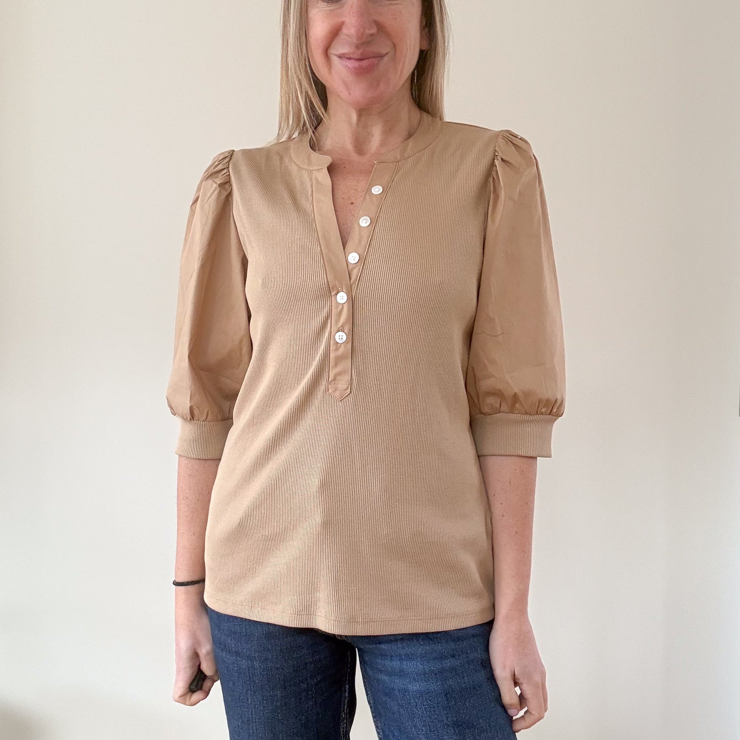 Veronica Beard Coralee Camel Ribbed Knit Top with Puff Sleeves - Size M