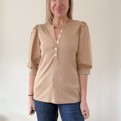 Veronica Beard Coralee Camel Ribbed Knit Top with Puff Sleeves - Size M