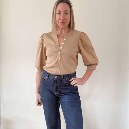 Veronica Beard Coralee Camel Ribbed Knit Top with Puff Sleeves - Size M