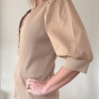 Veronica Beard Coralee Camel Ribbed Knit Top with Puff Sleeves - Size M