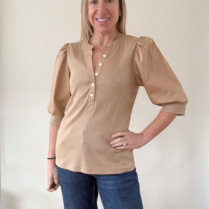 Veronica Beard Coralee Camel Ribbed Knit Top with Puff Sleeves - Size M