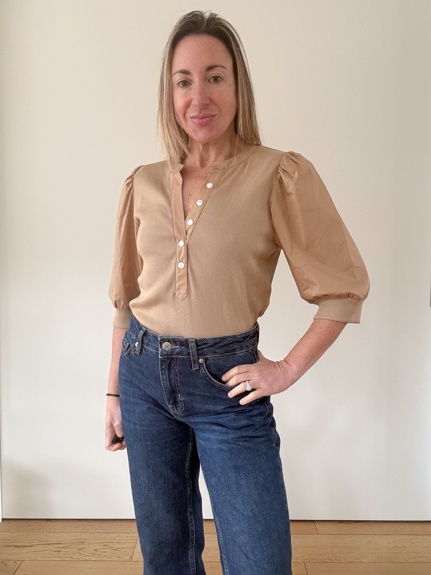 Veronica Beard Coralee Camel Ribbed Knit Top with Puff Sleeves - Size M