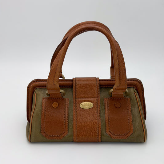 Vintage Celine Ella satchel right side view showing two-tone leather and gold hardware