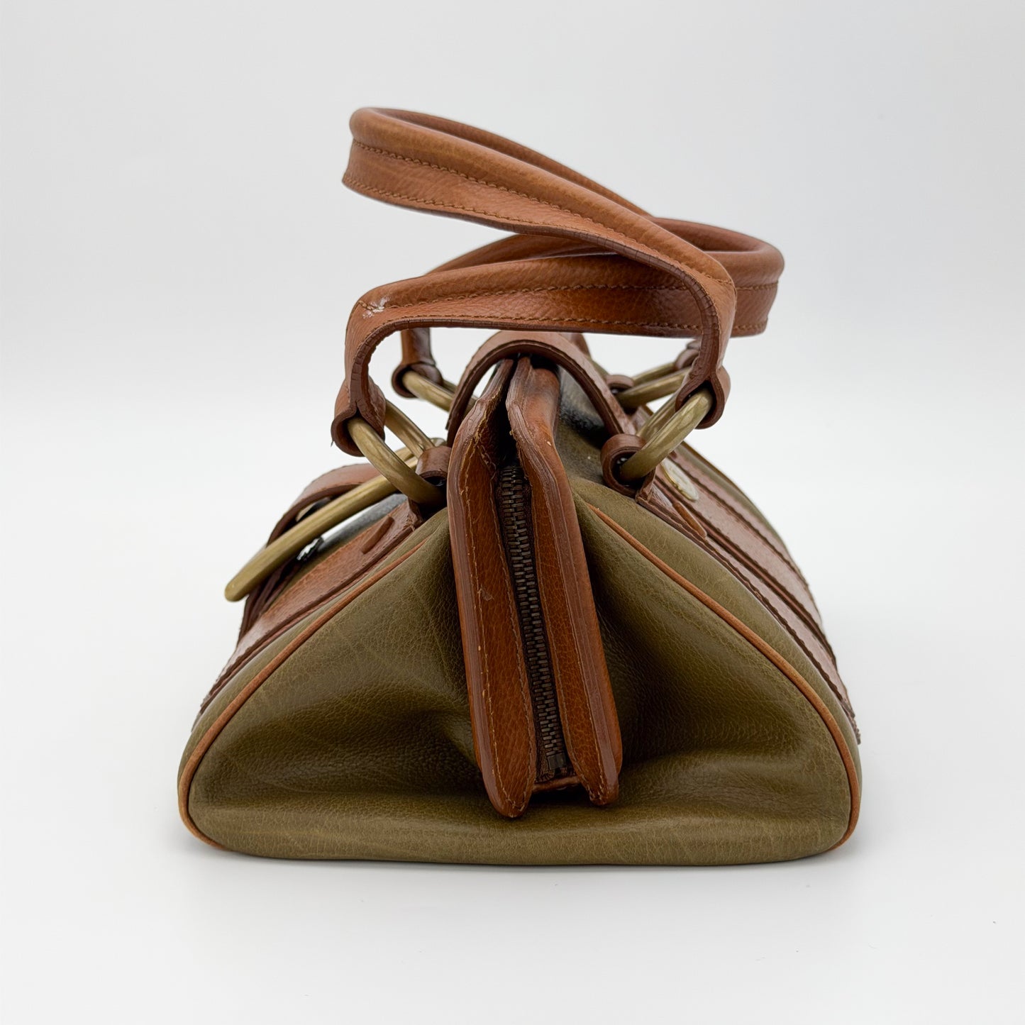 Second hand Celine Ella satchel left side view with tan leather handles
