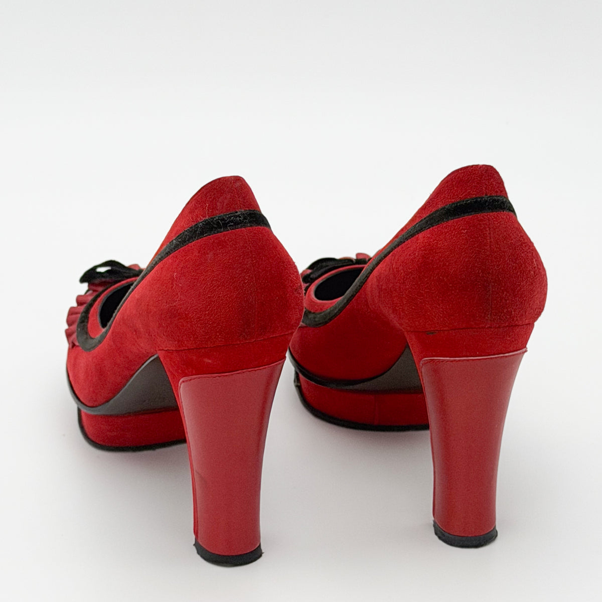 Fendi Red Suede Fendista Platform Pumps - back view, heel detail