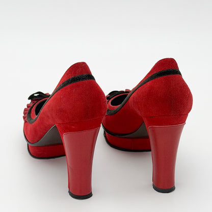 Fendi Red Suede Fendista Platform Pumps - back view, heel detail