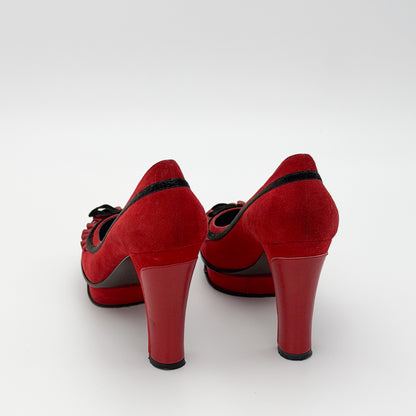 Fendi Red Suede Fendista Platform Pumps - back view