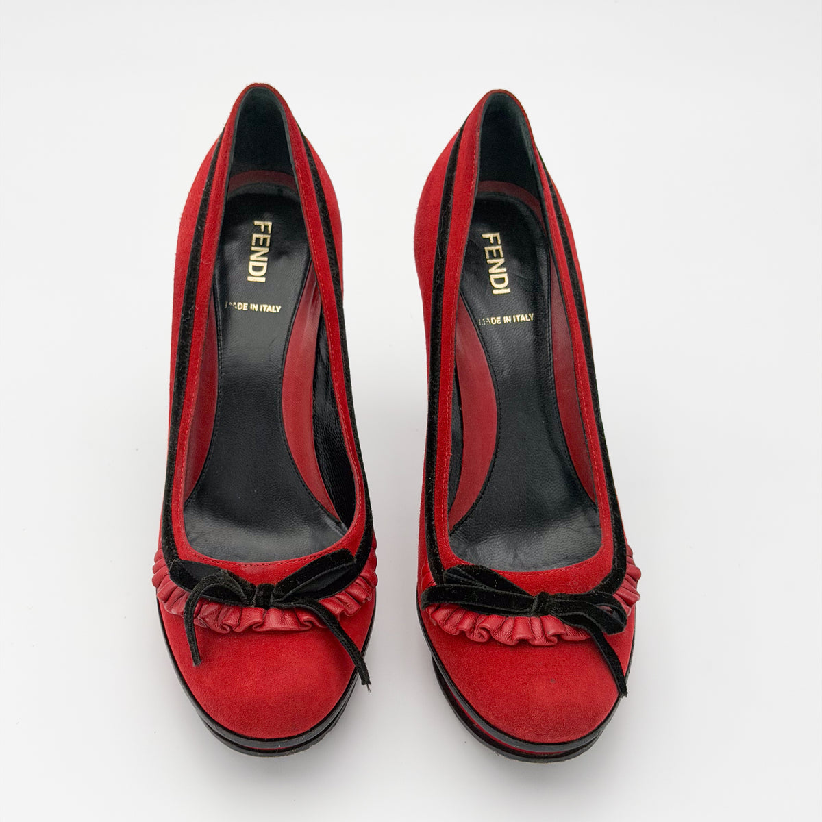 Fendi Red Suede Fendista Platform Pumps - Fendi Made in Italy insole stamp