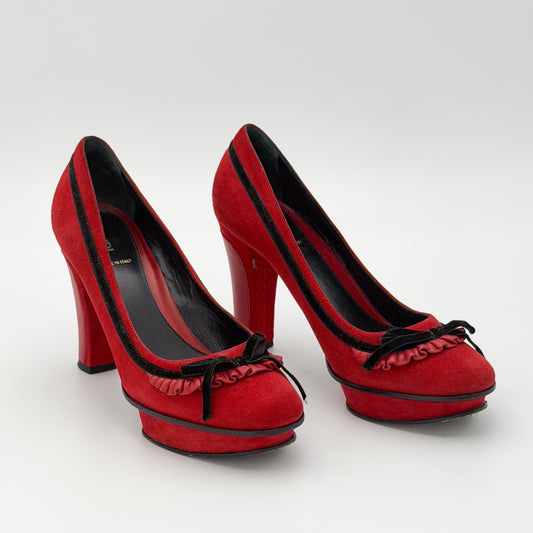 Fendi Red Suede Fendista Platform Pumps - front view