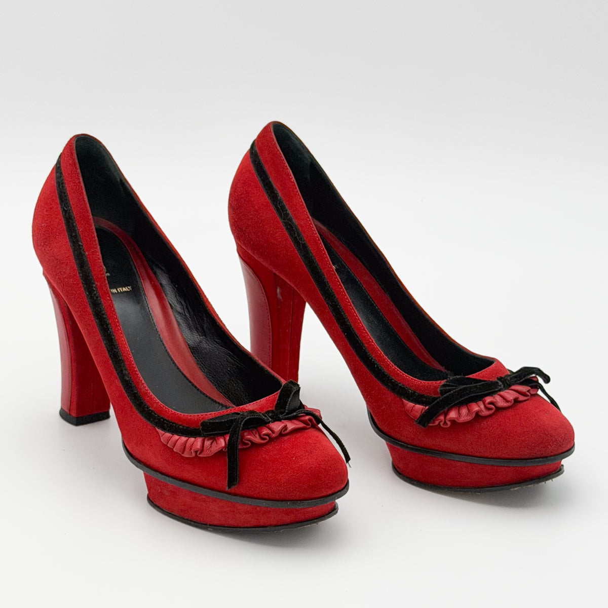 Fendi Red Suede Fendista Platform Pumps - front view, toe bow detail