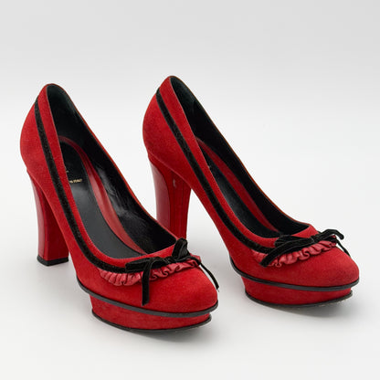 Fendi Red Suede Fendista Platform Pumps - front view, toe bow detail