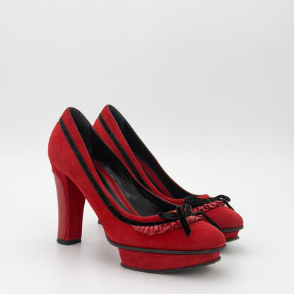 Fendi Red Suede Fendista Platform Pumps - side view, platform height detail