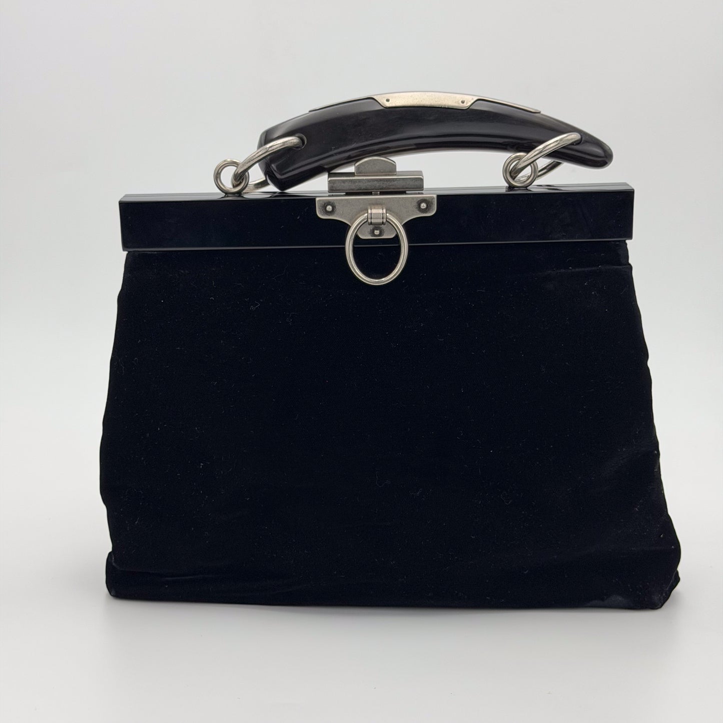 Vintage YSL Mombasa black velvet bag back view showing horn handle