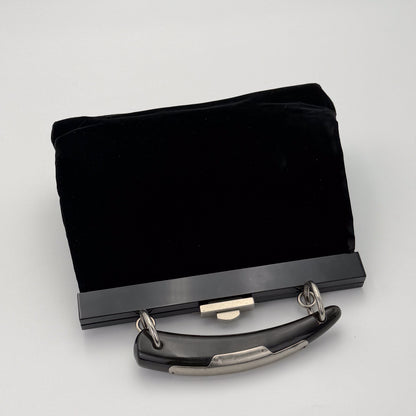 YSL Mombasa black velvet handbag top view with silver hardware detail
