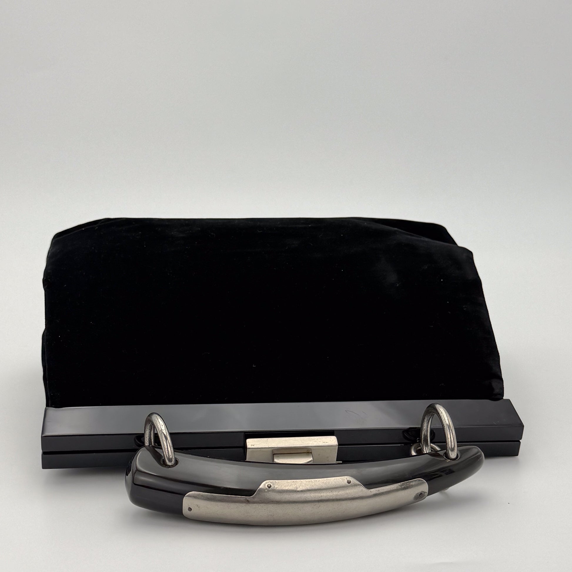 YSL Mombasa black velvet handbag top view with silver hardware detail