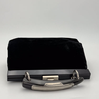 YSL Mombasa black velvet handbag top view with silver hardware detail