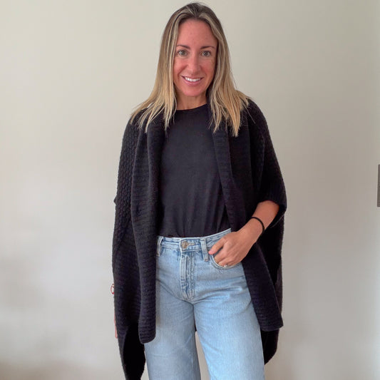 Zadig & Voltaire black cashmere wrap cardigan – front view, draped open